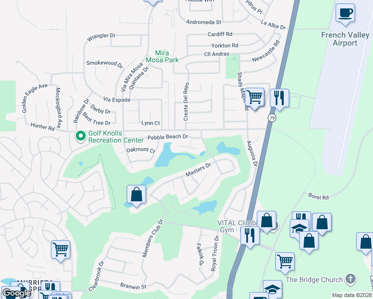 map of restaurants, bars, coffee shops, grocery stores, and more near 29579 Troon Court in Murrieta