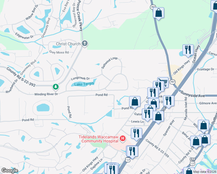 map of restaurants, bars, coffee shops, grocery stores, and more near 172 Winding River Drive in Murrells Inlet