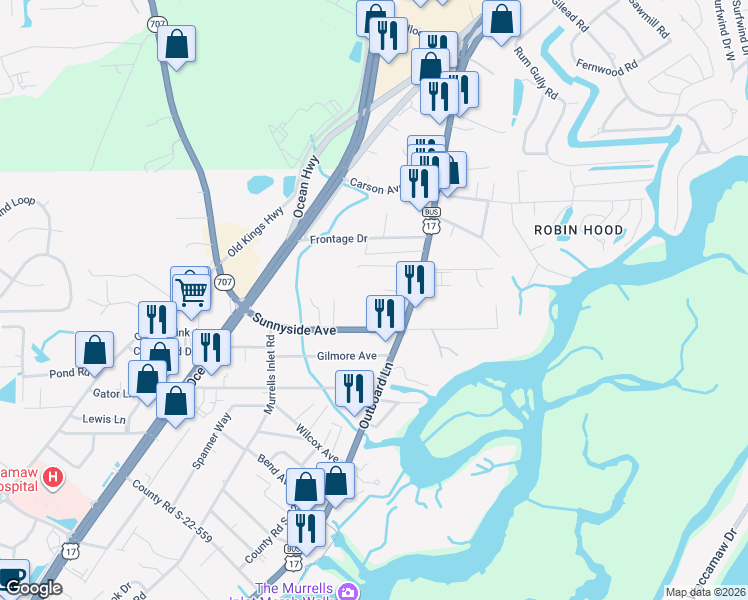 map of restaurants, bars, coffee shops, grocery stores, and more near 15 Vintners Lane in Murrells Inlet