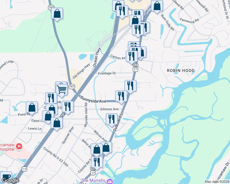 map of restaurants, bars, coffee shops, grocery stores, and more near 15 Vintners Lane in Murrells Inlet
