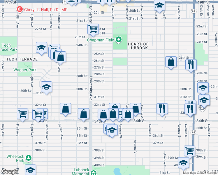 map of restaurants, bars, coffee shops, grocery stores, and more near 2407 30th Street in Lubbock