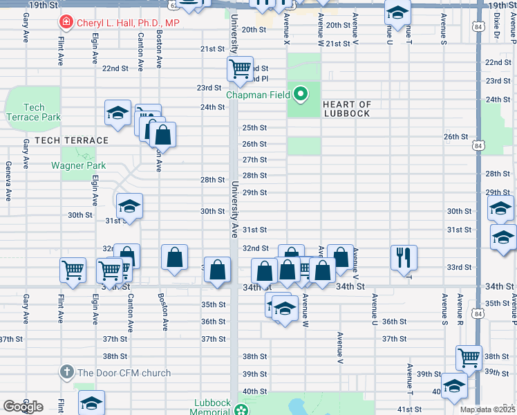 map of restaurants, bars, coffee shops, grocery stores, and more near 2423 30th Street in Lubbock