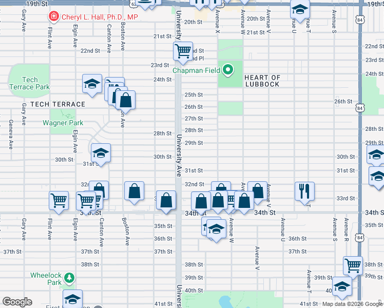 map of restaurants, bars, coffee shops, grocery stores, and more near 2423 30th Street in Lubbock