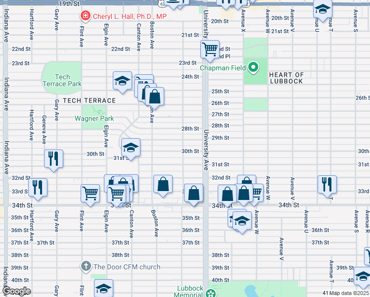 map of restaurants, bars, coffee shops, grocery stores, and more near 2517 30th Street in Lubbock