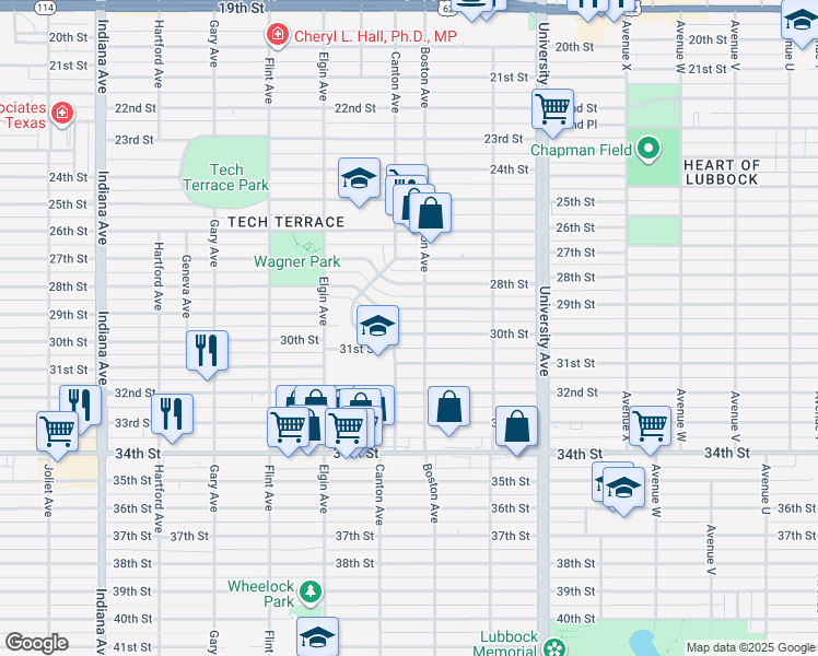 map of restaurants, bars, coffee shops, grocery stores, and more near 2703 30th Street in Lubbock
