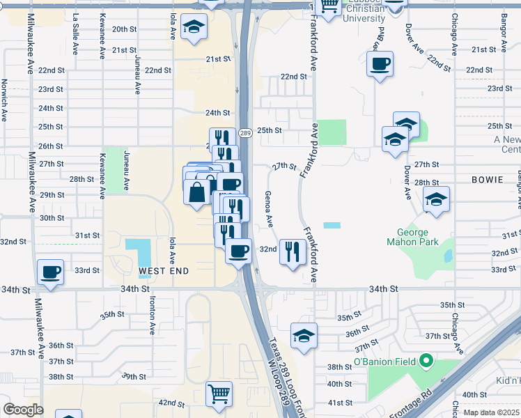 map of restaurants, bars, coffee shops, grocery stores, and more near 2704 Genoa Avenue in Lubbock