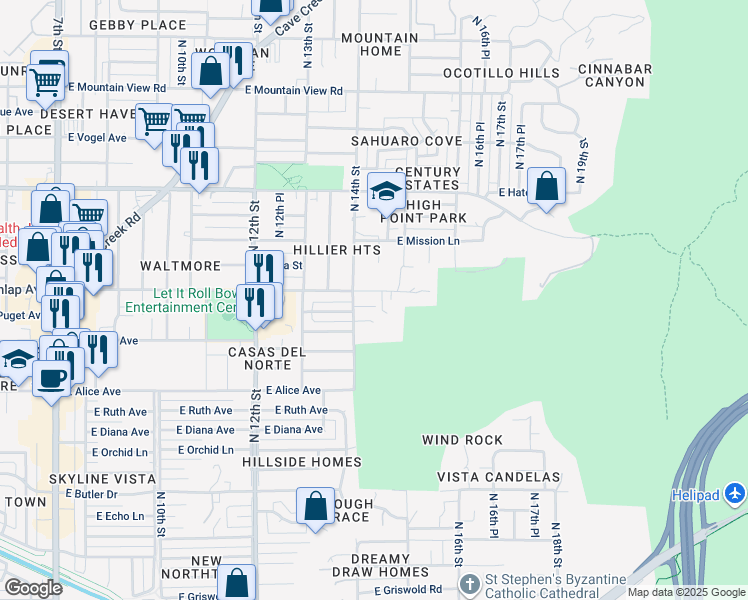 map of restaurants, bars, coffee shops, grocery stores, and more near 1422 East Puget Avenue in Phoenix