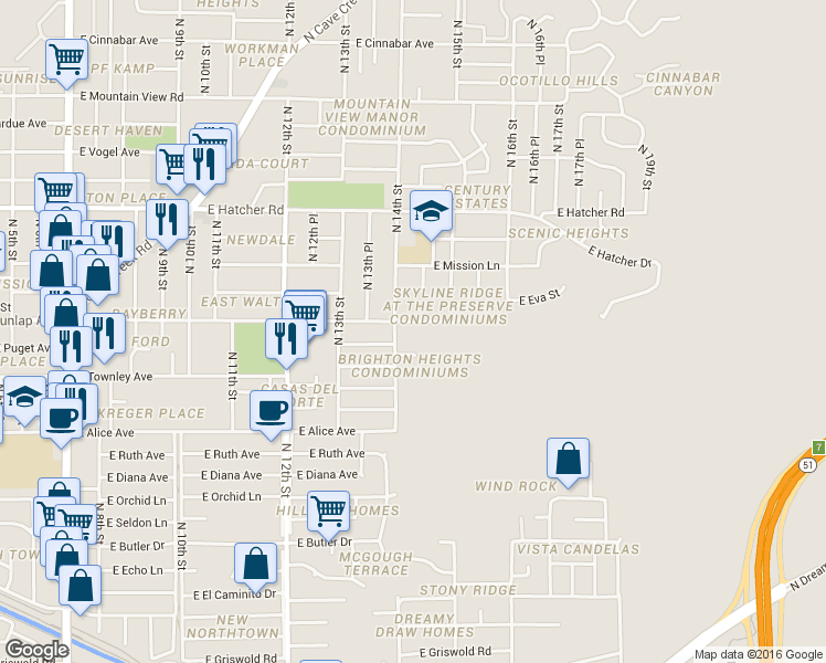 map of restaurants, bars, coffee shops, grocery stores, and more near 1422 East Puget Avenue in Phoenix