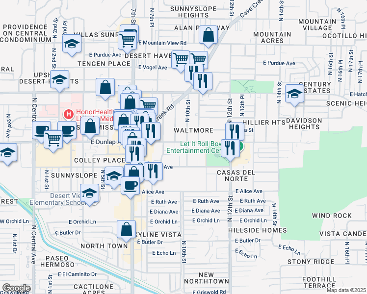 map of restaurants, bars, coffee shops, grocery stores, and more near 8925 North 10th Street in Phoenix
