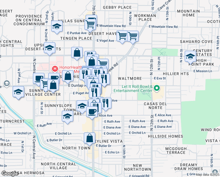 map of restaurants, bars, coffee shops, grocery stores, and more near 739 East Dunlap Avenue in Phoenix