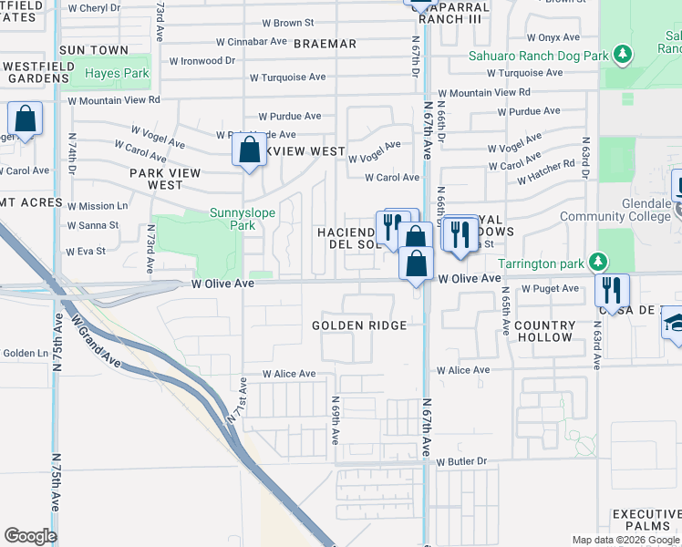 map of restaurants, bars, coffee shops, grocery stores, and more near 6861 West Caron Drive in Peoria