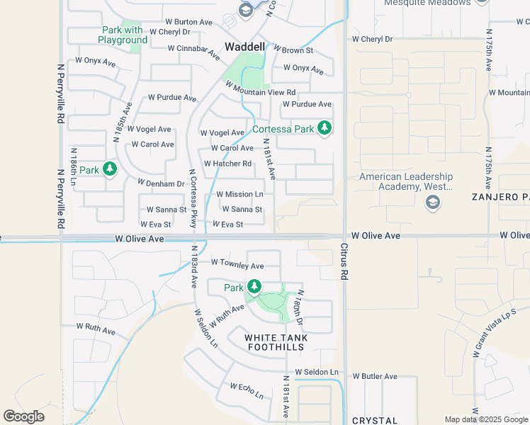 map of restaurants, bars, coffee shops, grocery stores, and more near 18124 West Eva Street in Waddell