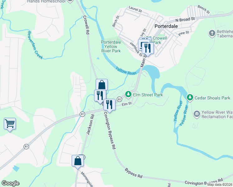 map of restaurants, bars, coffee shops, grocery stores, and more near 110 Michael Ryan Drive in Porterdale