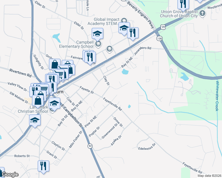 map of restaurants, bars, coffee shops, grocery stores, and more near 100 Summerwood Drive in Fairburn