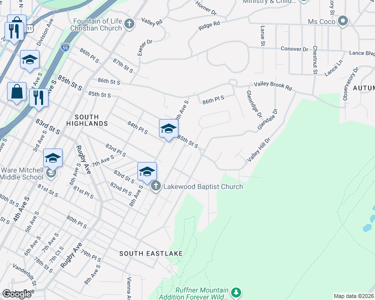 map of restaurants, bars, coffee shops, grocery stores, and more near 8419 9th Avenue South in Birmingham