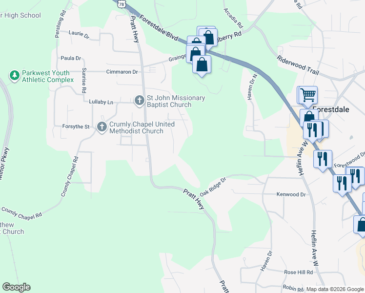 map of restaurants, bars, coffee shops, grocery stores, and more near 1900 Hanchey Road in Birmingham