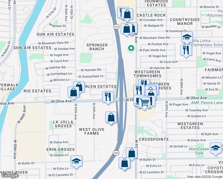 map of restaurants, bars, coffee shops, grocery stores, and more near 9249 West Caron Circle in Peoria