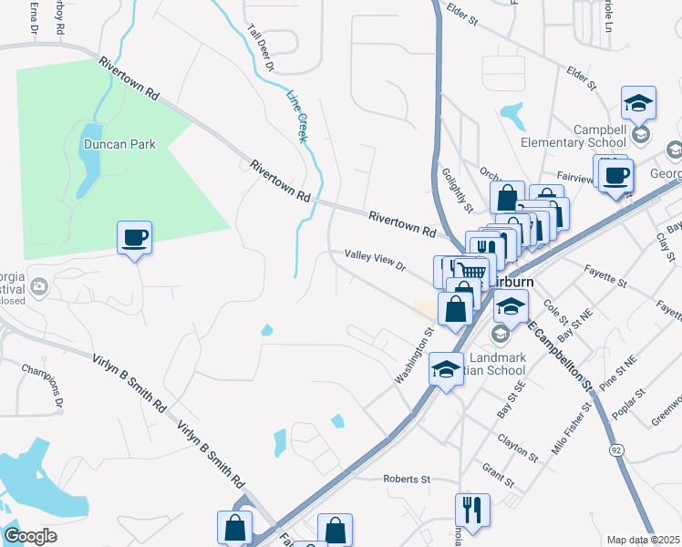 map of restaurants, bars, coffee shops, grocery stores, and more near 156 Southwest Malone Street in Fairburn