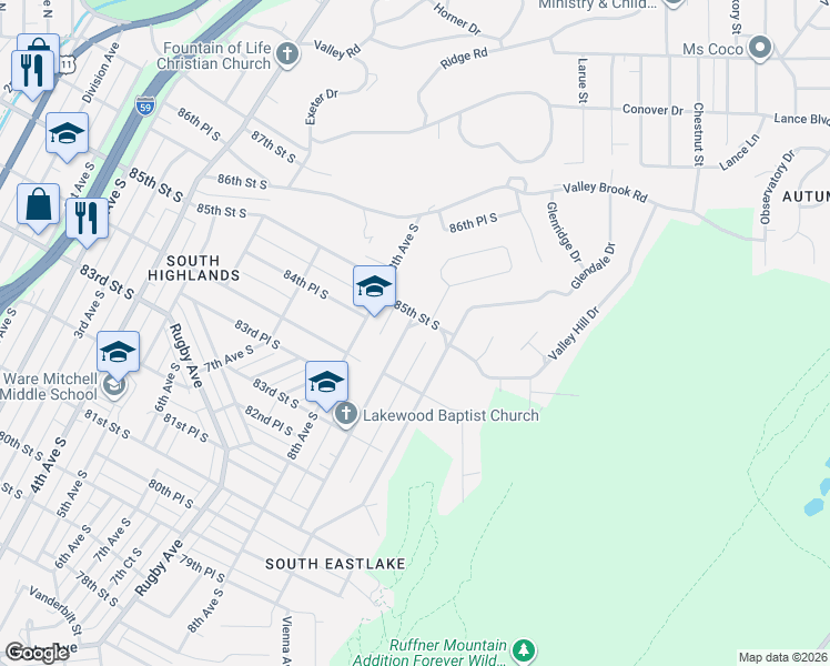 map of restaurants, bars, coffee shops, grocery stores, and more near 8419 9th Avenue South in Birmingham