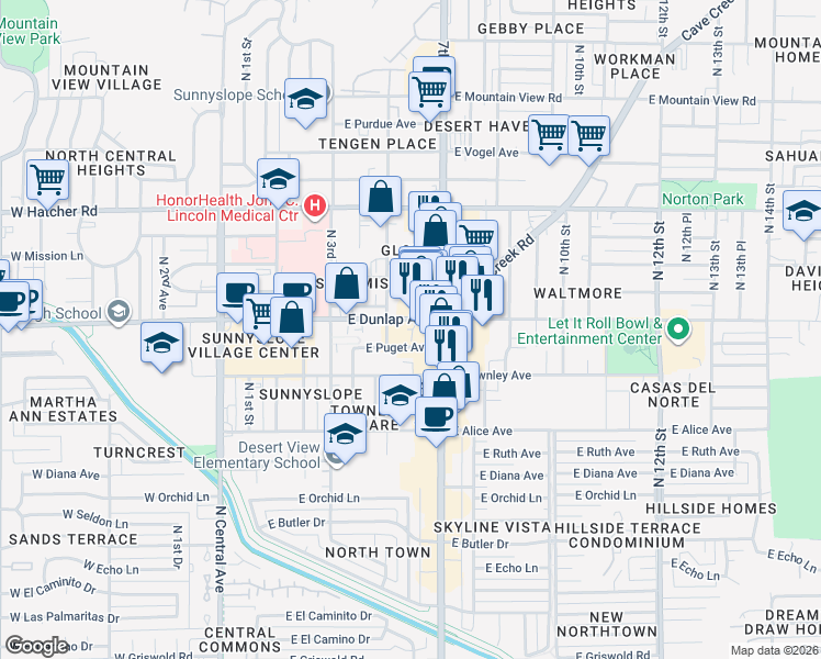 map of restaurants, bars, coffee shops, grocery stores, and more near 528 East Puget Avenue in Phoenix