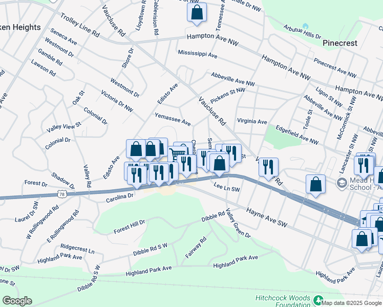 map of restaurants, bars, coffee shops, grocery stores, and more near 913 Cherokee Avenue in Aiken