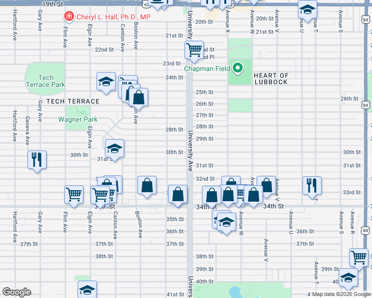 map of restaurants, bars, coffee shops, grocery stores, and more near 2505 30th Street in Lubbock