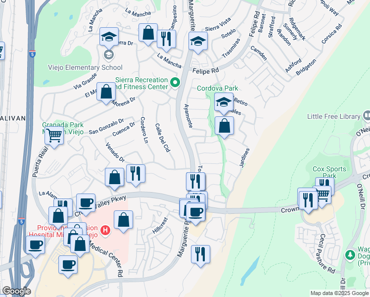 map of restaurants, bars, coffee shops, grocery stores, and more near 27226 Galvez Lane in Mission Viejo