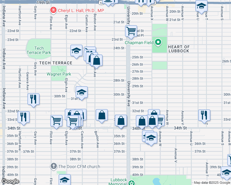 map of restaurants, bars, coffee shops, grocery stores, and more near 2517 30th Street in Lubbock