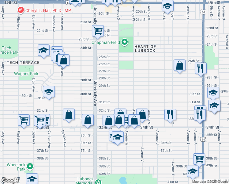 map of restaurants, bars, coffee shops, grocery stores, and more near 2407 30th Street in Lubbock