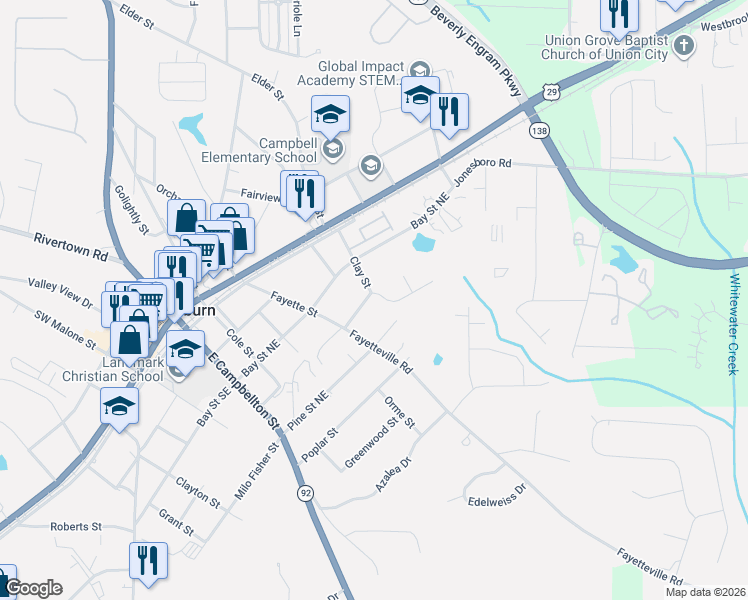 map of restaurants, bars, coffee shops, grocery stores, and more near 191 Clay Street in Fairburn