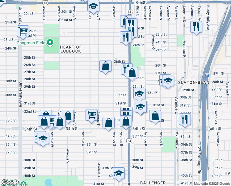 map of restaurants, bars, coffee shops, grocery stores, and more near 1724 30th Street in Lubbock