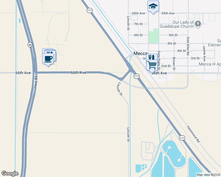 map of restaurants, bars, coffee shops, grocery stores, and more near 91545 66th Avenue in Mecca