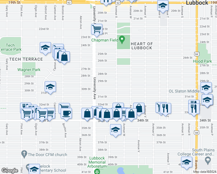 map of restaurants, bars, coffee shops, grocery stores, and more near 2412 30th Street in Lubbock