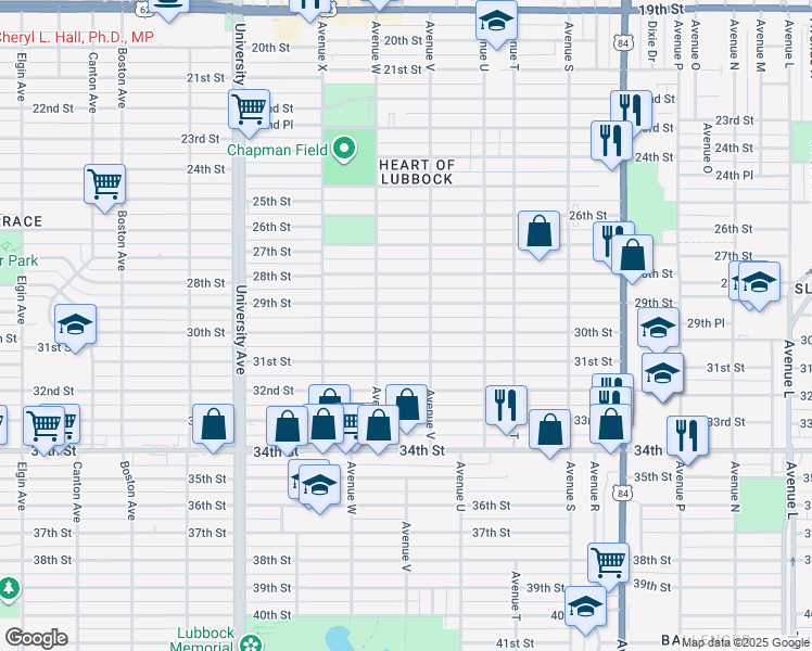 map of restaurants, bars, coffee shops, grocery stores, and more near 2210 30th Street in Lubbock