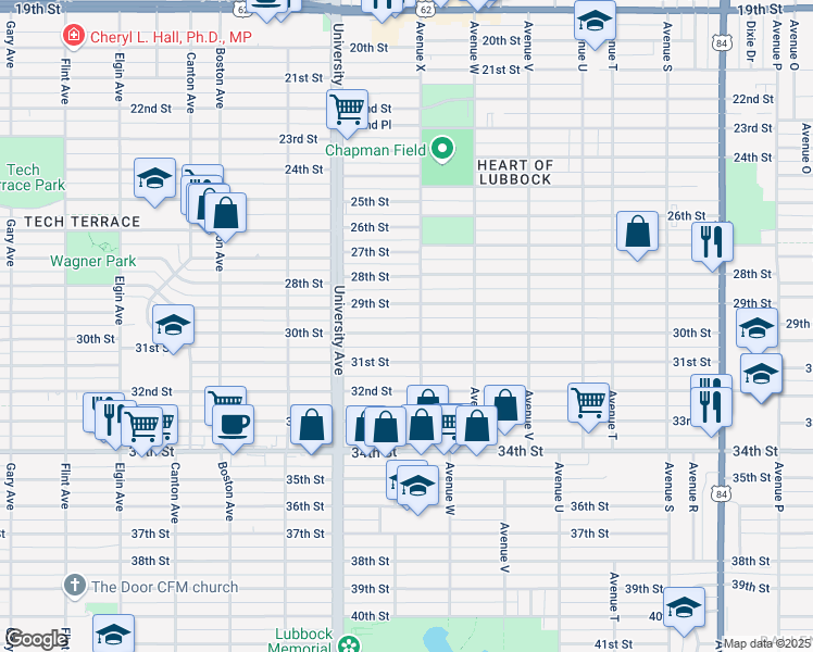 map of restaurants, bars, coffee shops, grocery stores, and more near 2406 30th Street in Lubbock