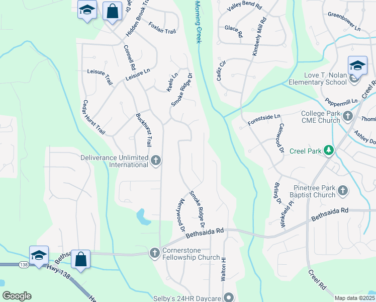 map of restaurants, bars, coffee shops, grocery stores, and more near 7059 Merrywood Way in Fairburn