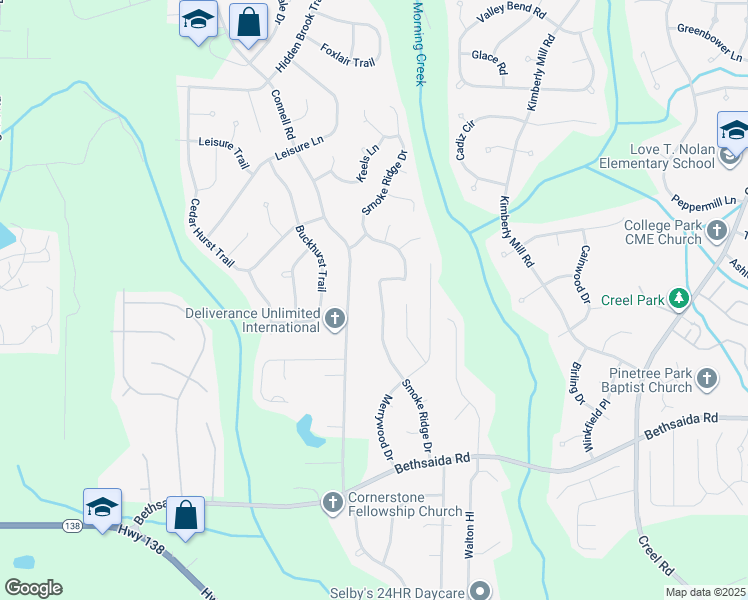 map of restaurants, bars, coffee shops, grocery stores, and more near 6887 Smoke Ridge Drive in College Park