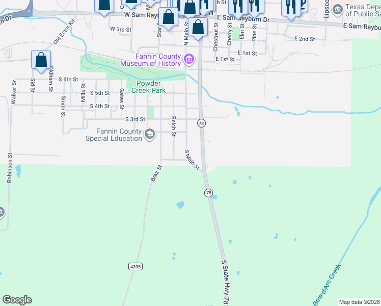 map of restaurants, bars, coffee shops, grocery stores, and more near 107 South Center Street in Bonham