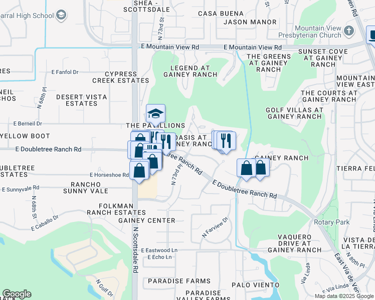 map of restaurants, bars, coffee shops, grocery stores, and more near 7245 East Gainey Ranch Road in Scottsdale