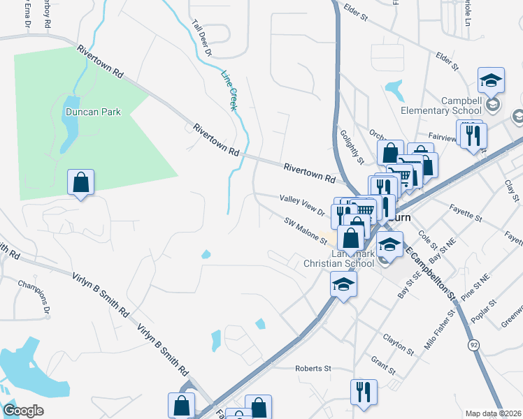 map of restaurants, bars, coffee shops, grocery stores, and more near 111 Southwest Malone Street in Fairburn