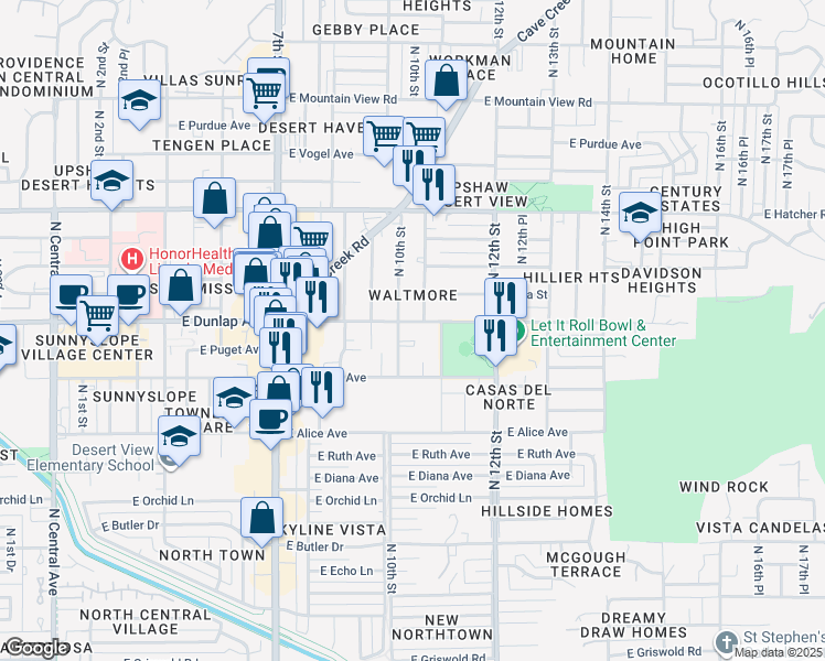 map of restaurants, bars, coffee shops, grocery stores, and more near 8925 North 10th Street in Phoenix