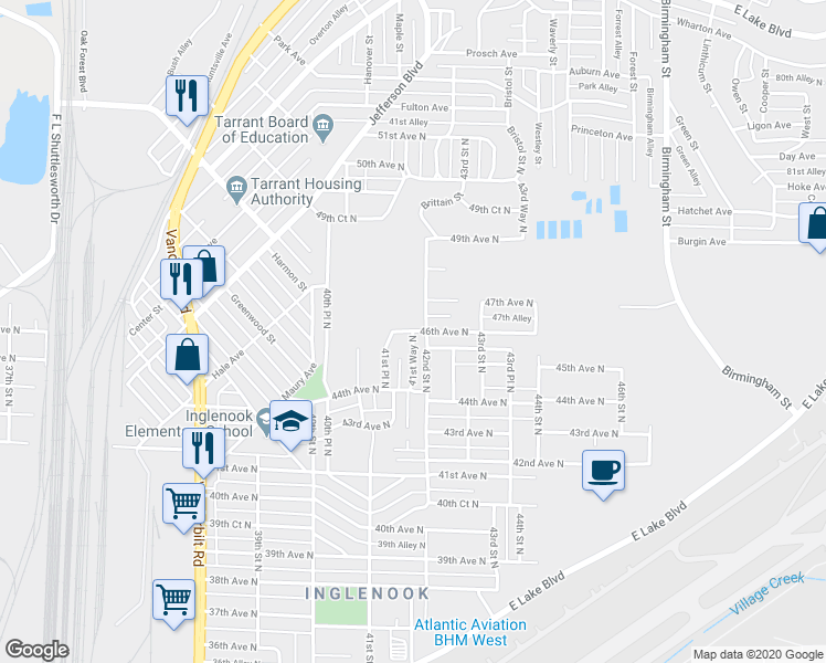 map of restaurants, bars, coffee shops, grocery stores, and more near 4131 46th Avenue North in Birmingham