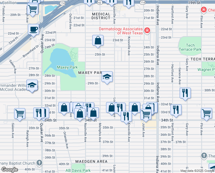 map of restaurants, bars, coffee shops, grocery stores, and more near 2902 Louisville Avenue in Lubbock