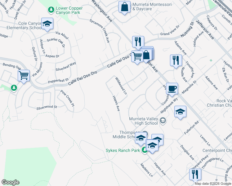 map of restaurants, bars, coffee shops, grocery stores, and more near 42365 Westar Court in Murrieta