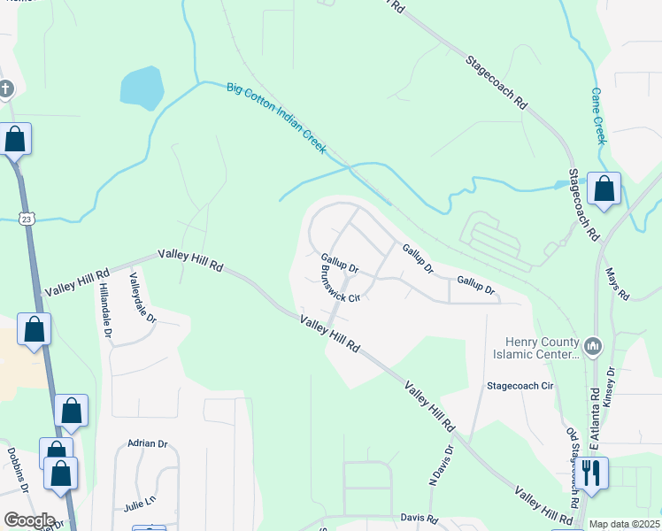 map of restaurants, bars, coffee shops, grocery stores, and more near 433 Brunswick Circle in Stockbridge