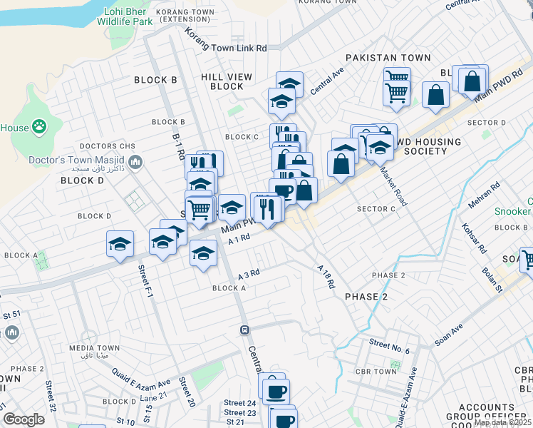 map of restaurants, bars, coffee shops, grocery stores, and more near Main PWD Road in Islamabad