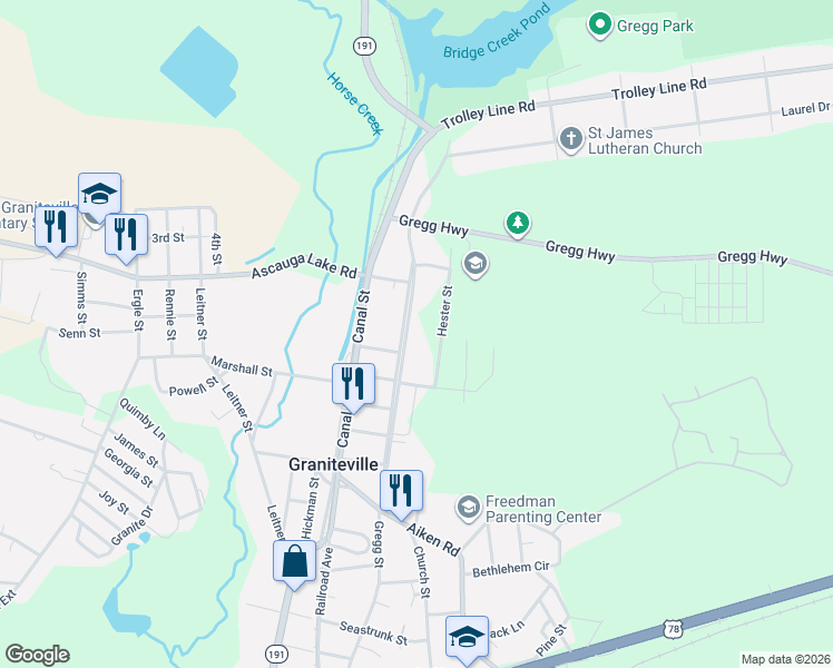map of restaurants, bars, coffee shops, grocery stores, and more near 41 Church Street in Graniteville