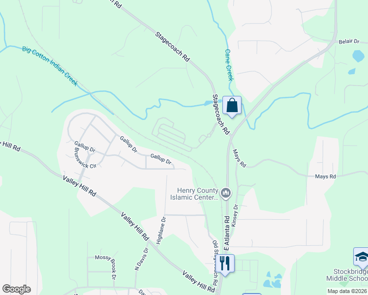 map of restaurants, bars, coffee shops, grocery stores, and more near 557 Woodall Road in Stockbridge