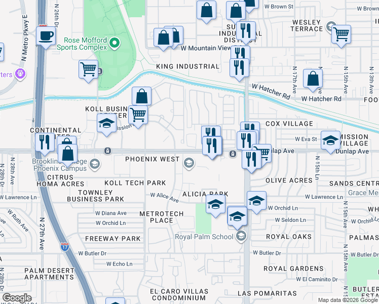 map of restaurants, bars, coffee shops, grocery stores, and more near 2085 West Dunlap Avenue in Phoenix