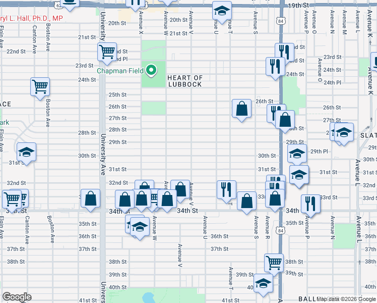 map of restaurants, bars, coffee shops, grocery stores, and more near 2205 30th Street in Lubbock